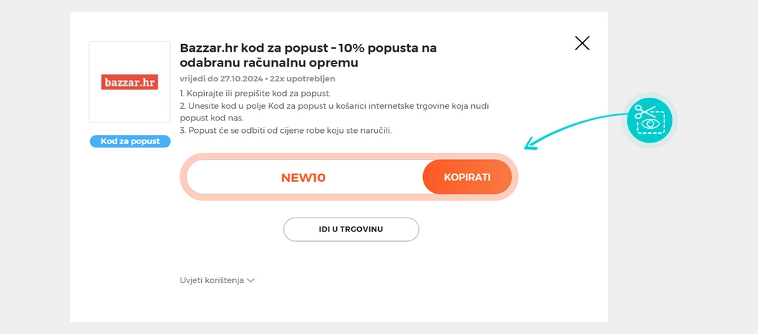 Upute za kopiranje koda za popust Bazzar