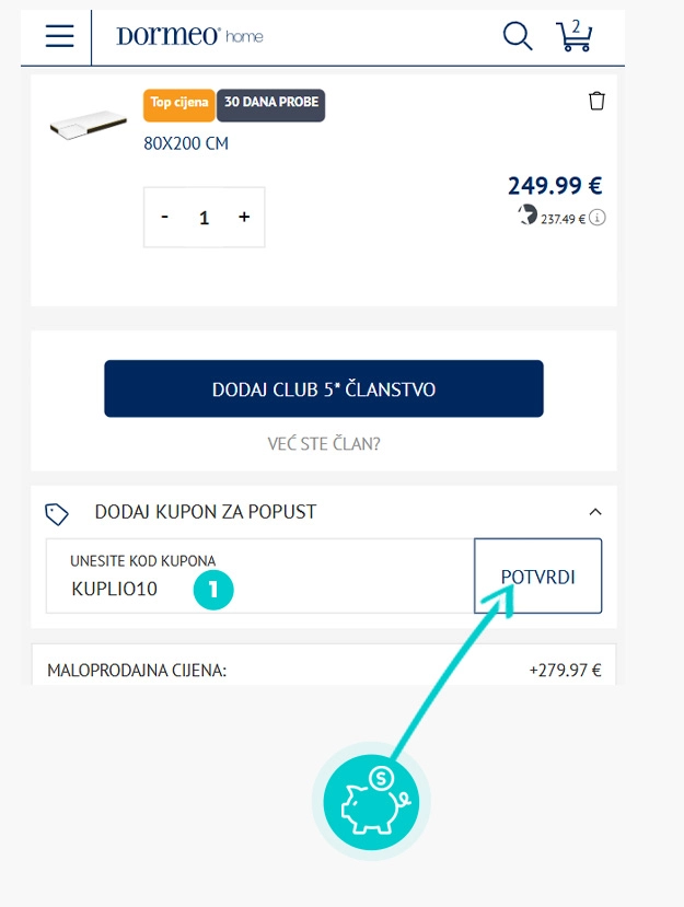 Upute kako primijeniti kod za popust u košarici internetske trgovine Dormeo