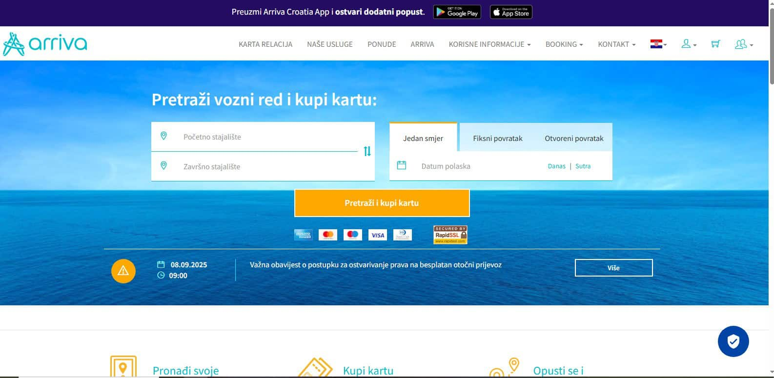 Naslovica trgovine sa pretraživačem voznog reda i karata