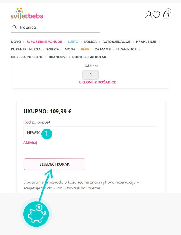 Upute kako primijeniti kod za popust u košarici internetske trgovine Svijet Beba