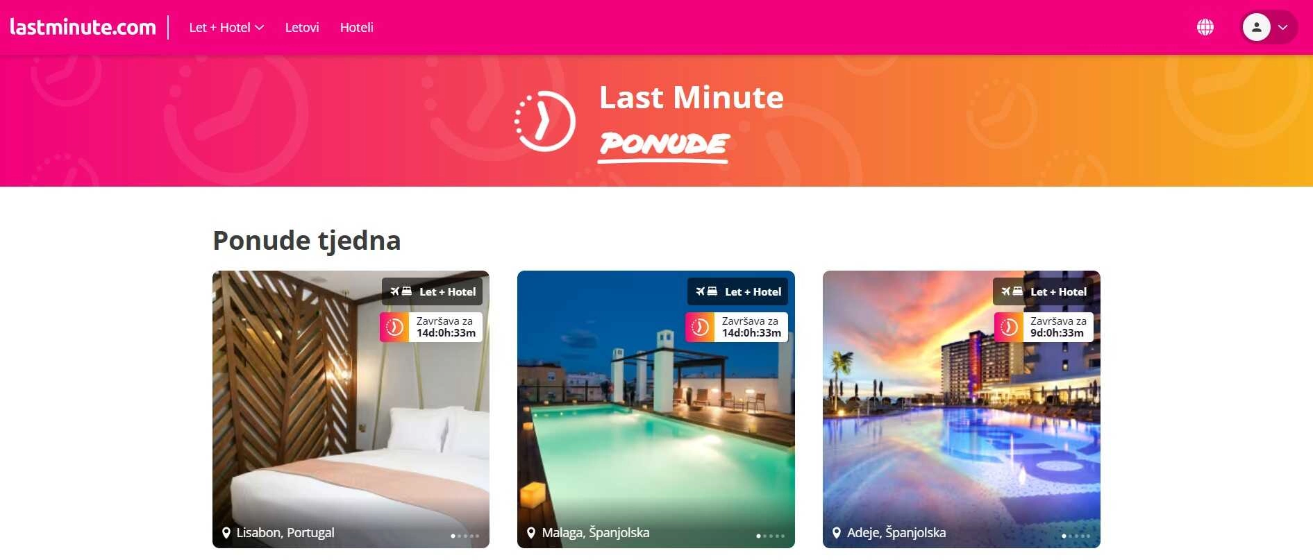 Početna stranica s ponudom odmora