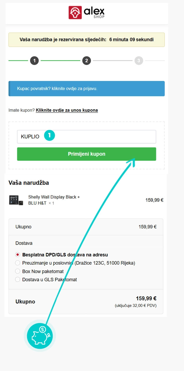 Upute kako primijeniti kod za popust u košarici internetske trgovine Alex.shop