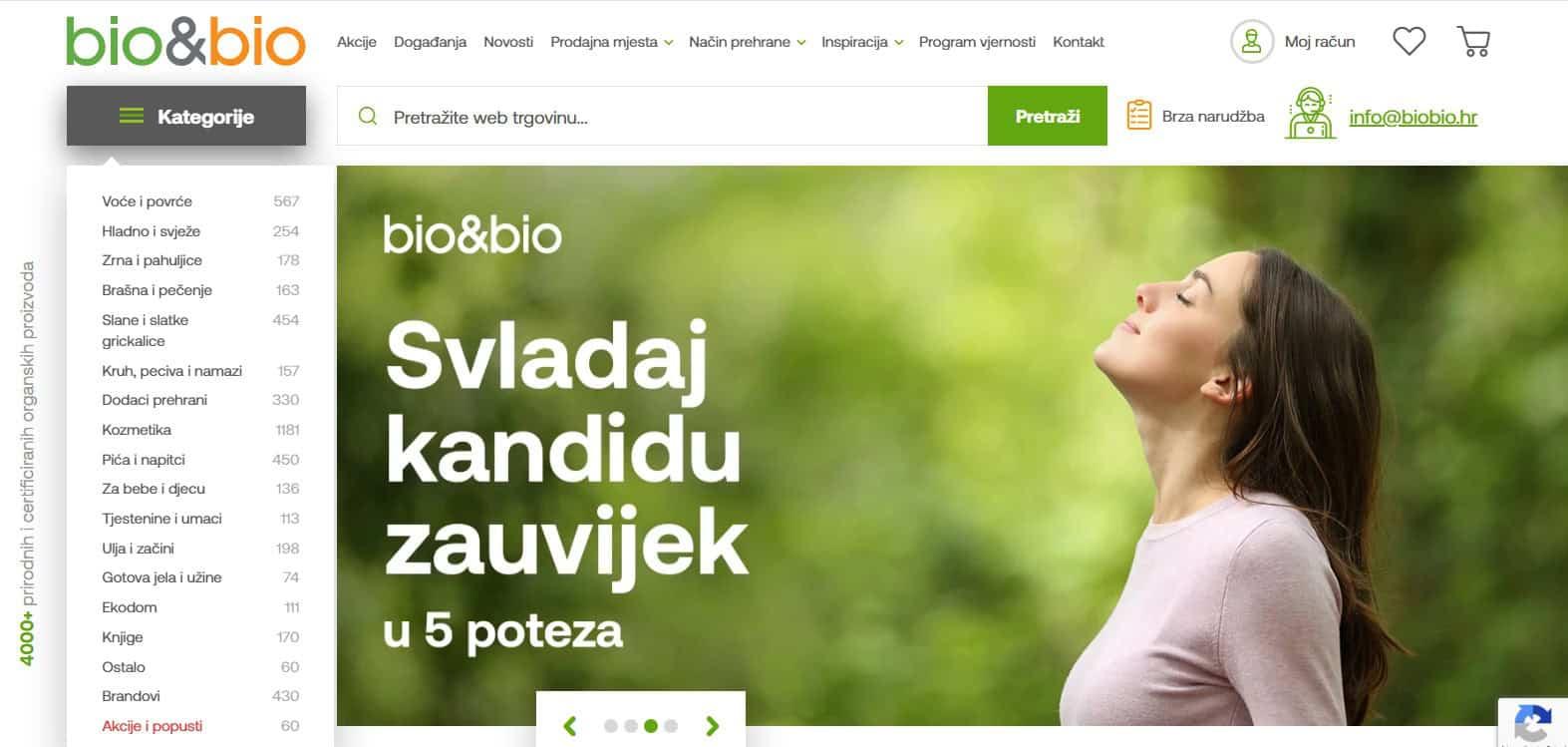 Žena zatvorenih očiju uz zelenu pozadinu i kategorije proizvoda