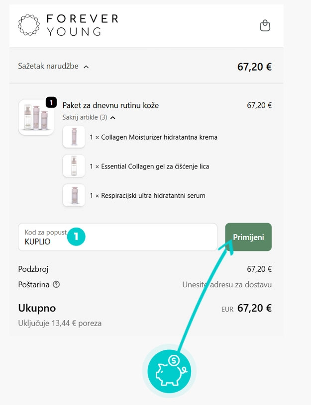 Upute kako primijeniti kod za popust u košarici internetske trgovine Forever Young