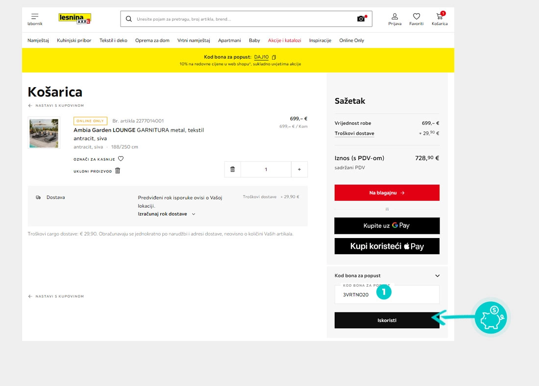 Upute kako primijeniti kod za popust u košarici internetske trgovine Lesnina XXXL