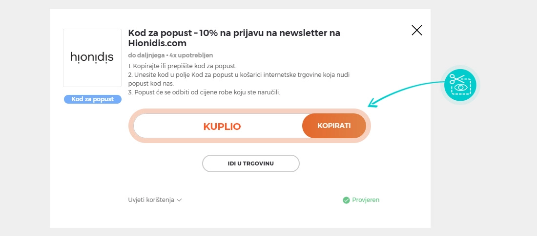Upute za kopiranje koda za popust Hionidis