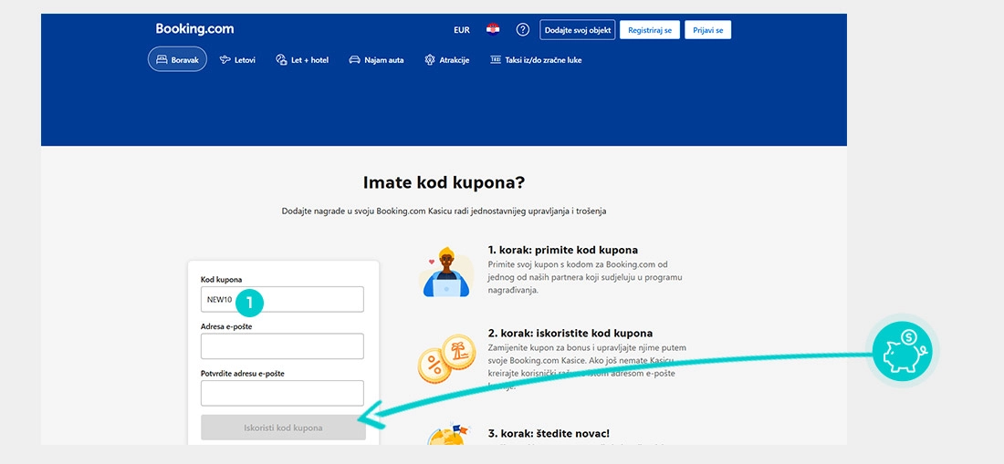 Upute kako primijeniti kod za popust u košarici internetske trgovine Booking