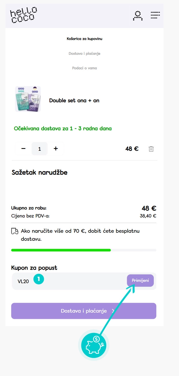 Upute kako primijeniti kod za popust u košarici internetske trgovine Hello Coco
