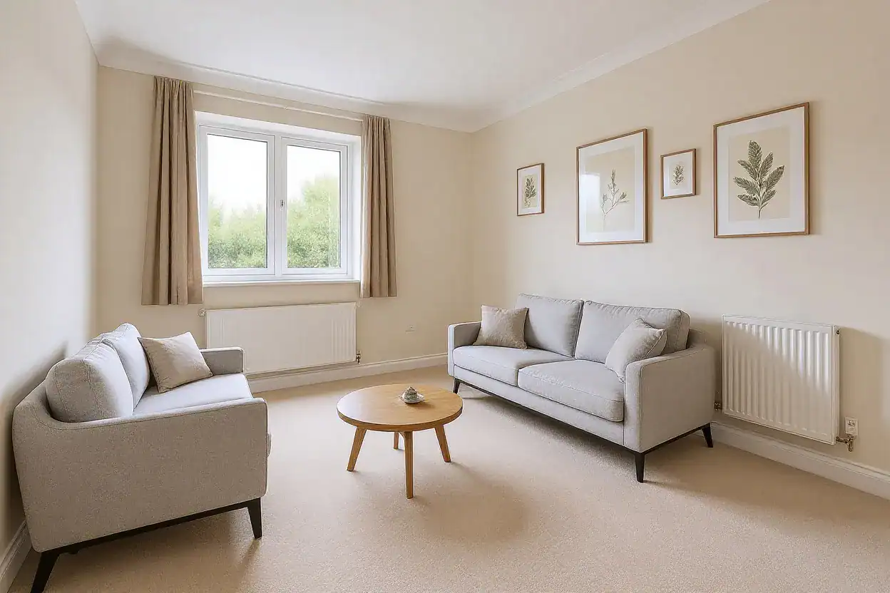 Dnevna soba sa sivim namještajem i smeđim zidovima