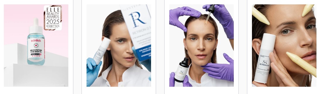 Žena drži kozmetiku uz lice u plavim rukavicama