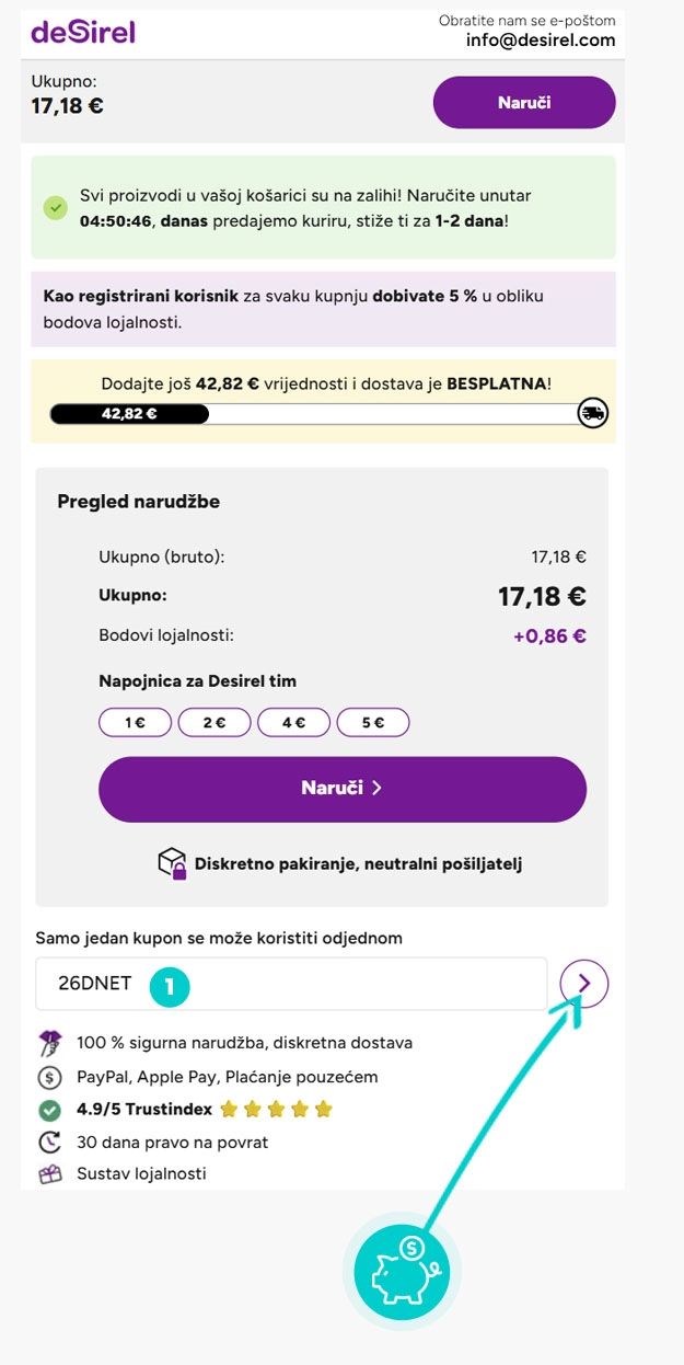 Upute kako primijeniti kod za popust u košarici internetske trgovine Desirel