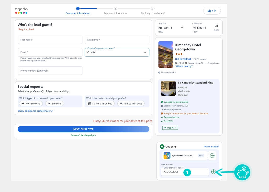 Upute kako primijeniti kod za popust u košarici internetske trgovine Agoda