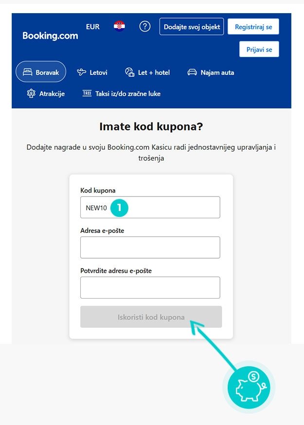 Upute kako primijeniti kod za popust u košarici internetske trgovine Booking