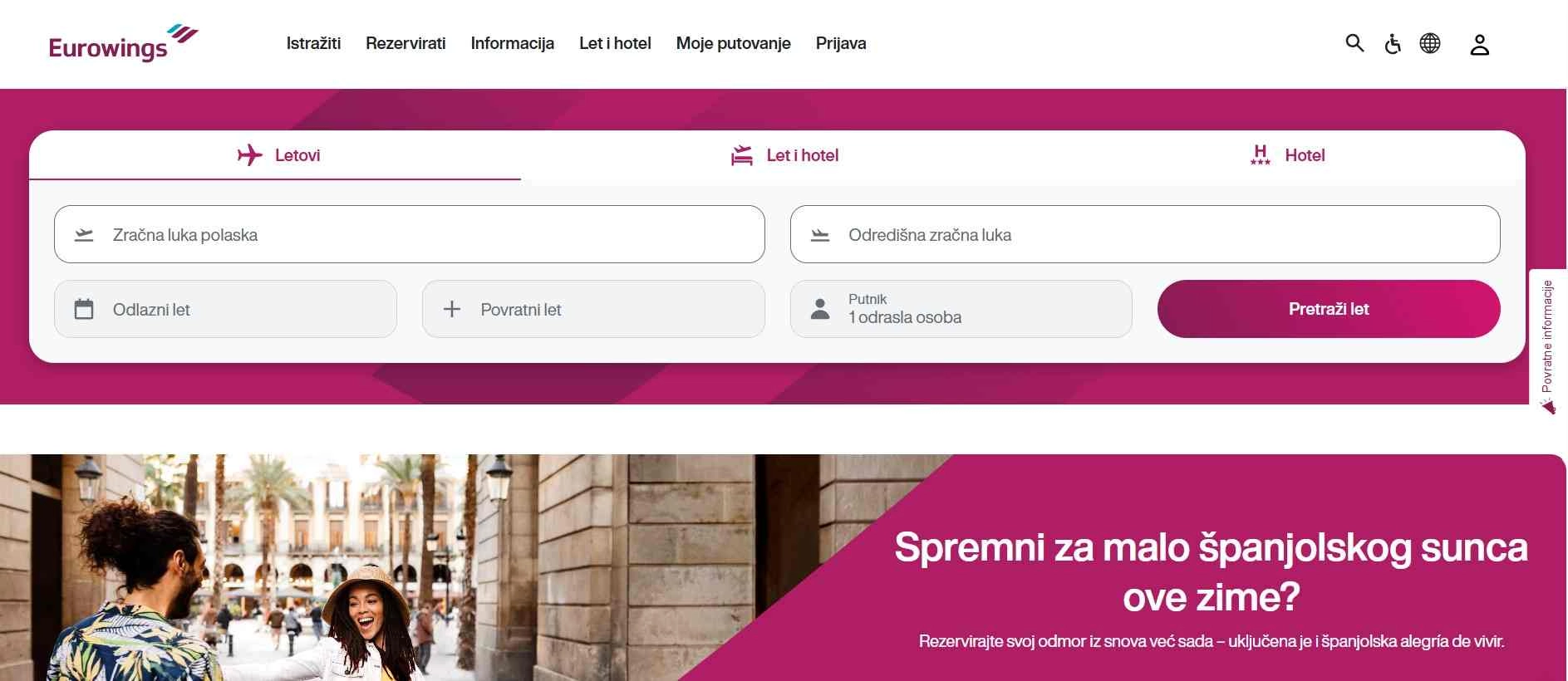 Početna stranica Eurowingsa – polje za pretraživanje letova