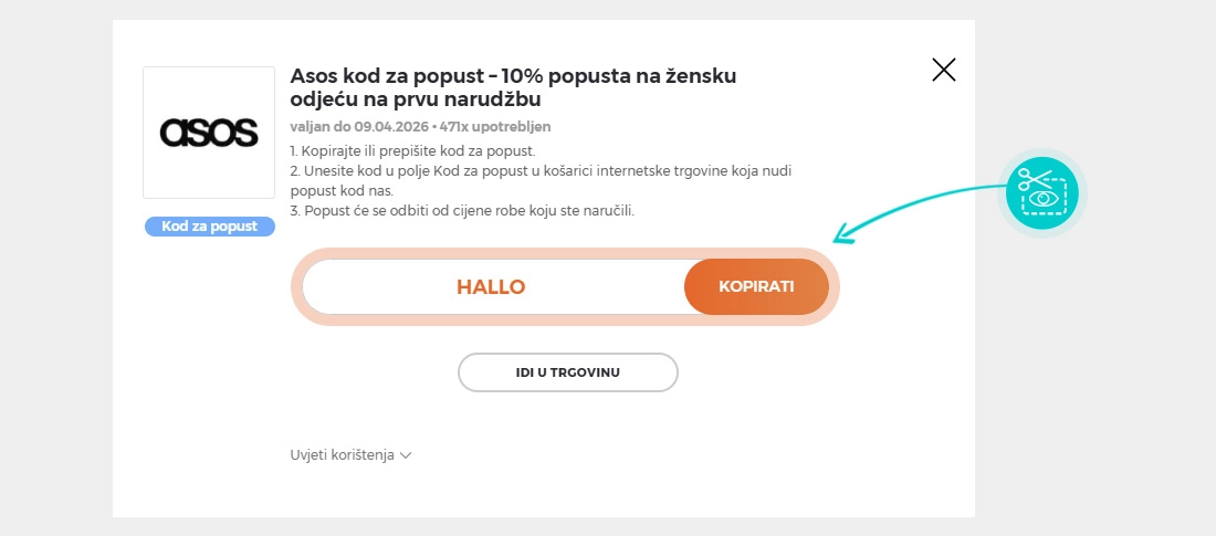 Upute za kopiranje koda za popust Asos