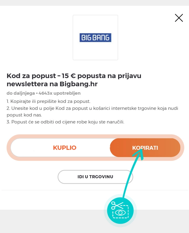 Upute za kopiranje koda za popust Big Bang