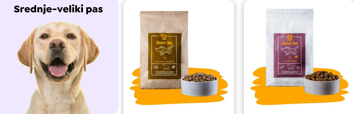 Pas i dvije zdjele pseće hrane ispred pakiranja