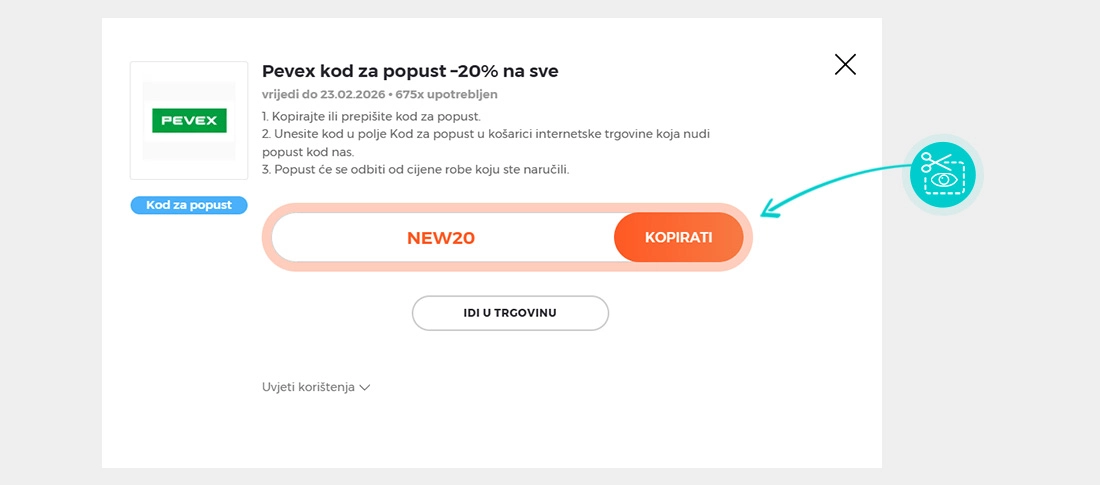 Upute za kopiranje koda za popust Pevex