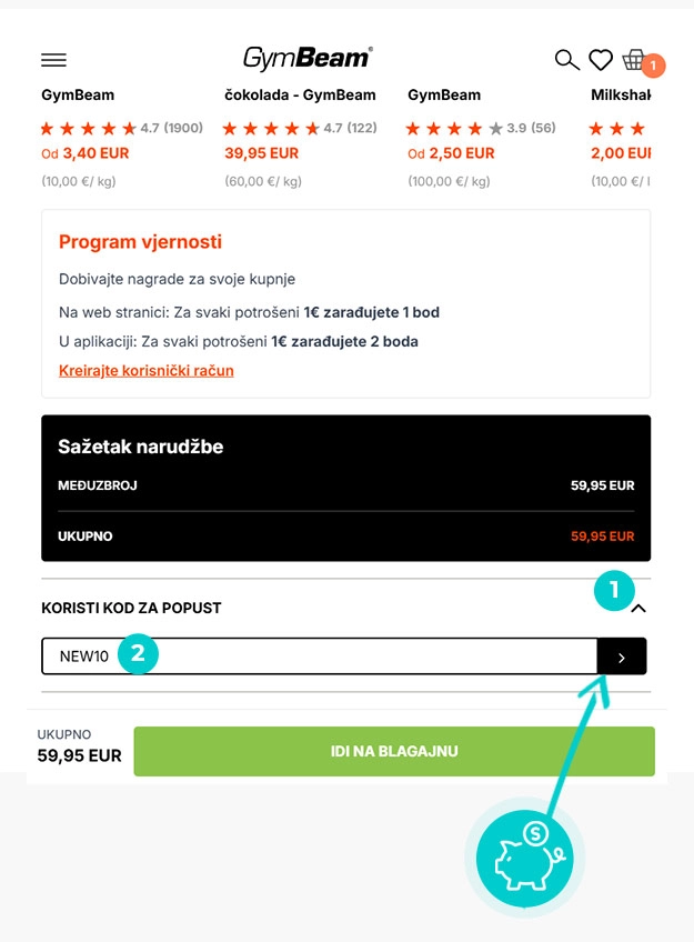 Upute kako primijeniti kod za popust u košarici internetske trgovine GymBeam