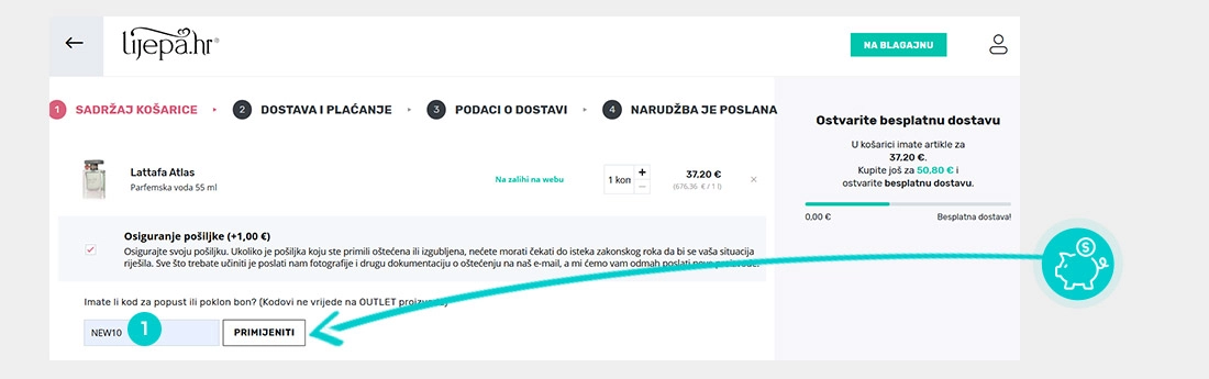 Upute kako primijeniti kod za popust u košarici internetske trgovine Lijepa