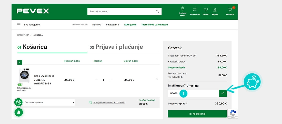 Upute kako primijeniti kod za popust u košarici internetske trgovine Pevex