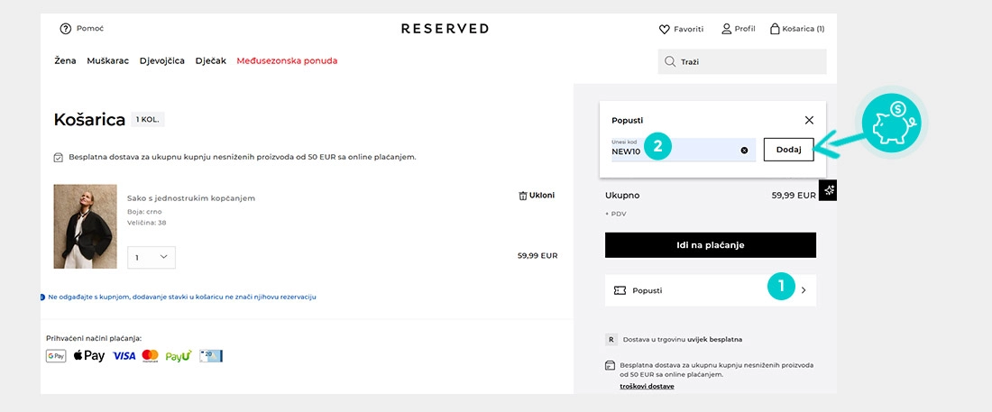 Upute kako primijeniti kod za popust u košarici internetske trgovine Reserved