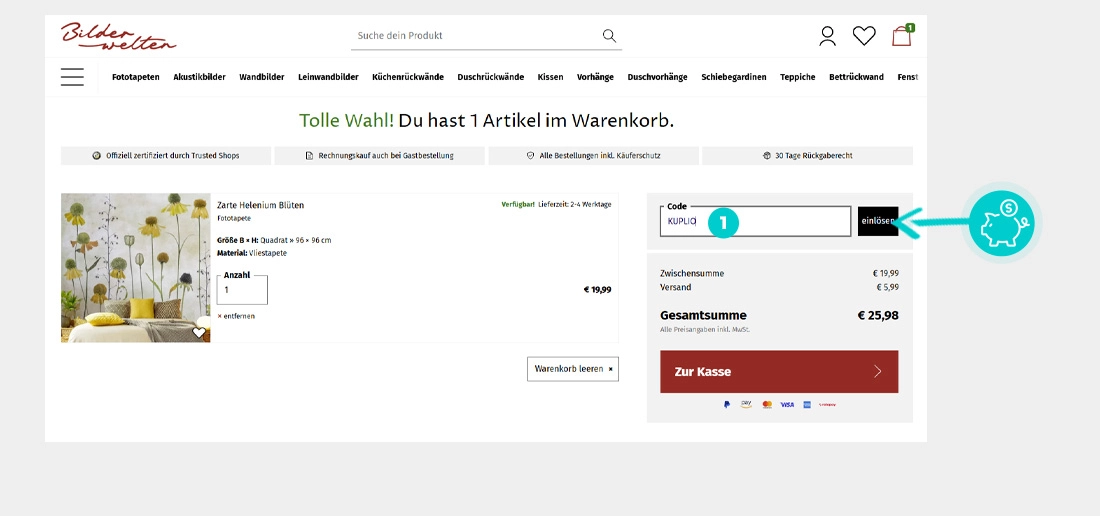 Upute kako primijeniti kod za popust u košarici internetske trgovine Bilderwelten