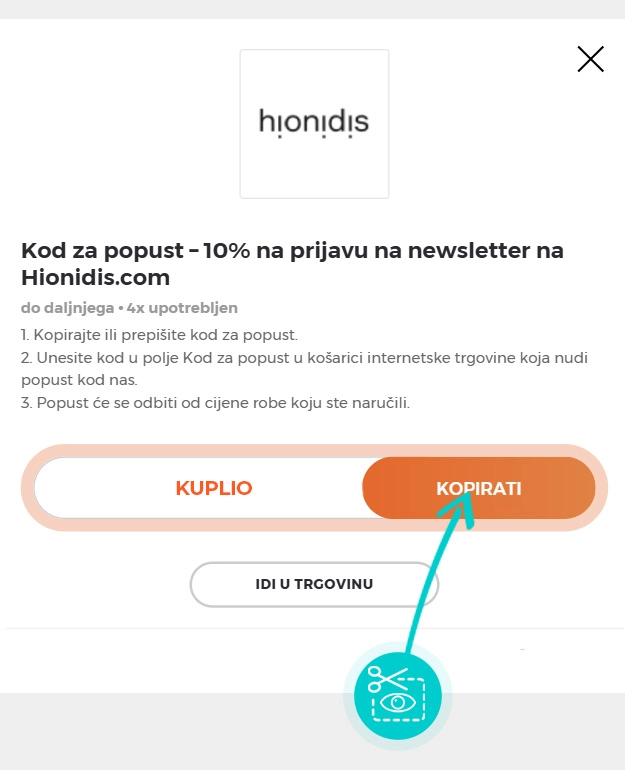 Upute za kopiranje koda za popust Hionidis