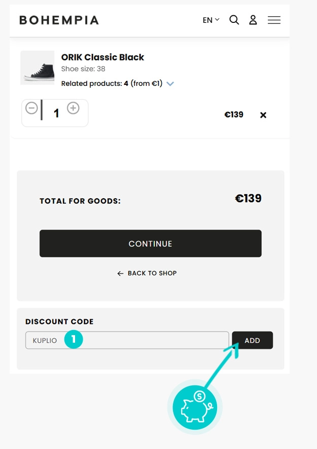 Upute kako primijeniti kod za popust u košarici internetske trgovine Bohempia