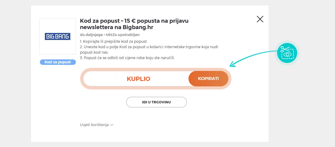 Upute za kopiranje koda za popust Big Bang
