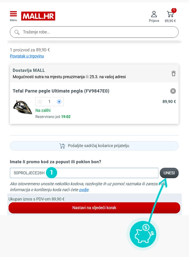 Upute kako primijeniti kod za popust u košarici internetske trgovine Mall.hr