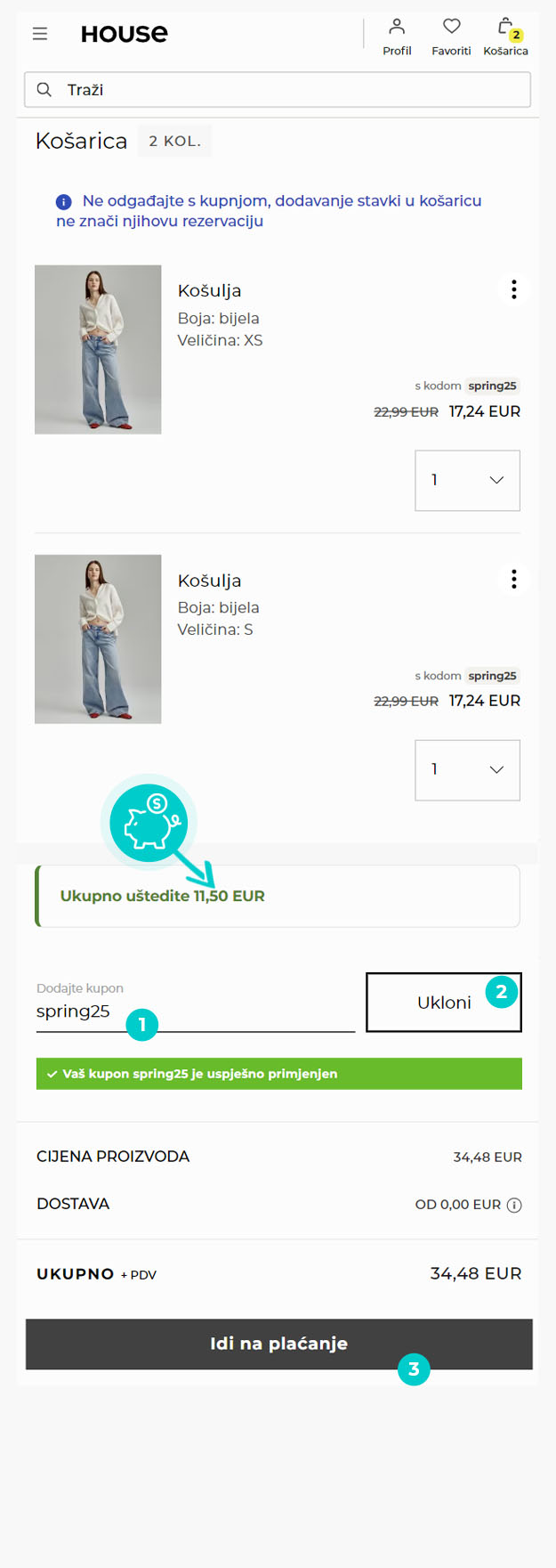 Upute kako primijeniti kod za popust u košarici internetske trgovine House