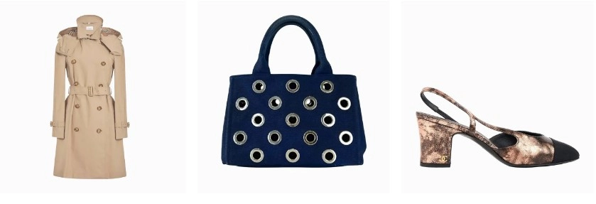 Bež trench kaput, plava torba s metalnim otvorima i ženske salonke