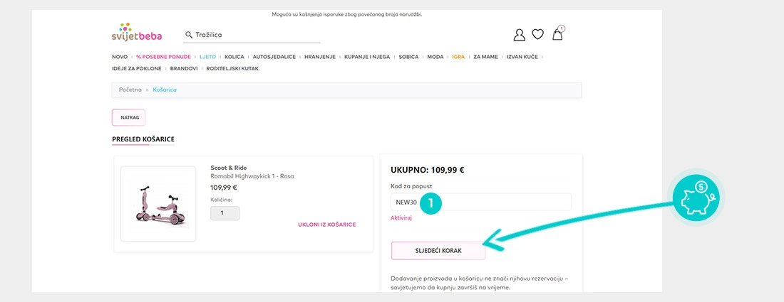 Upute kako primijeniti kod za popust u košarici internetske trgovine Svijet Beba