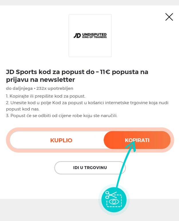Upute za kopiranje koda za popust JD Sports