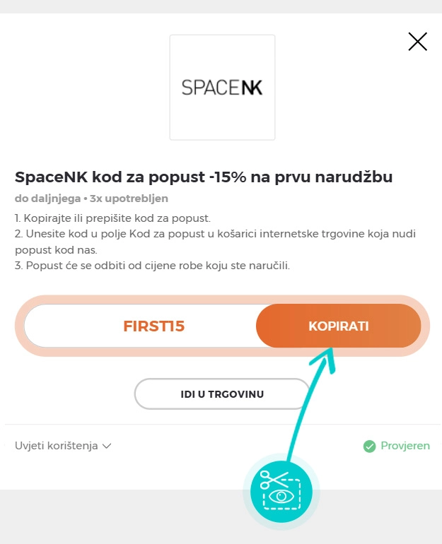 Upute za kopiranje koda za popust Space NK